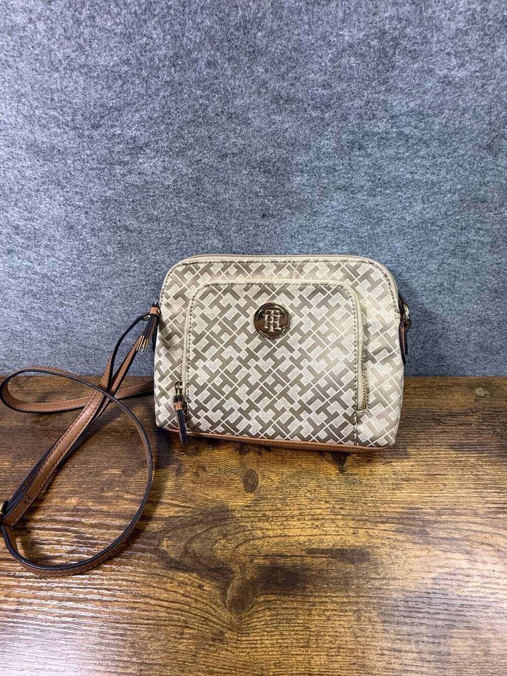 Tommy Hilfiger Beige Monogram Crossbody Bag Purse with Front Zip Pocket